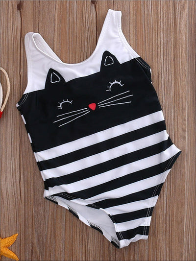 Girls Striped Cat Face One Piece Swimsuit - Girls One Piece Swimsuit