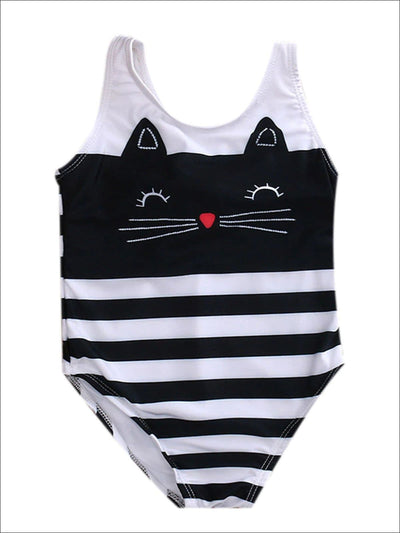Girls Striped Cat Face One Piece Swimsuit - White & black / 1T-2T - Girls One Piece Swimsuit