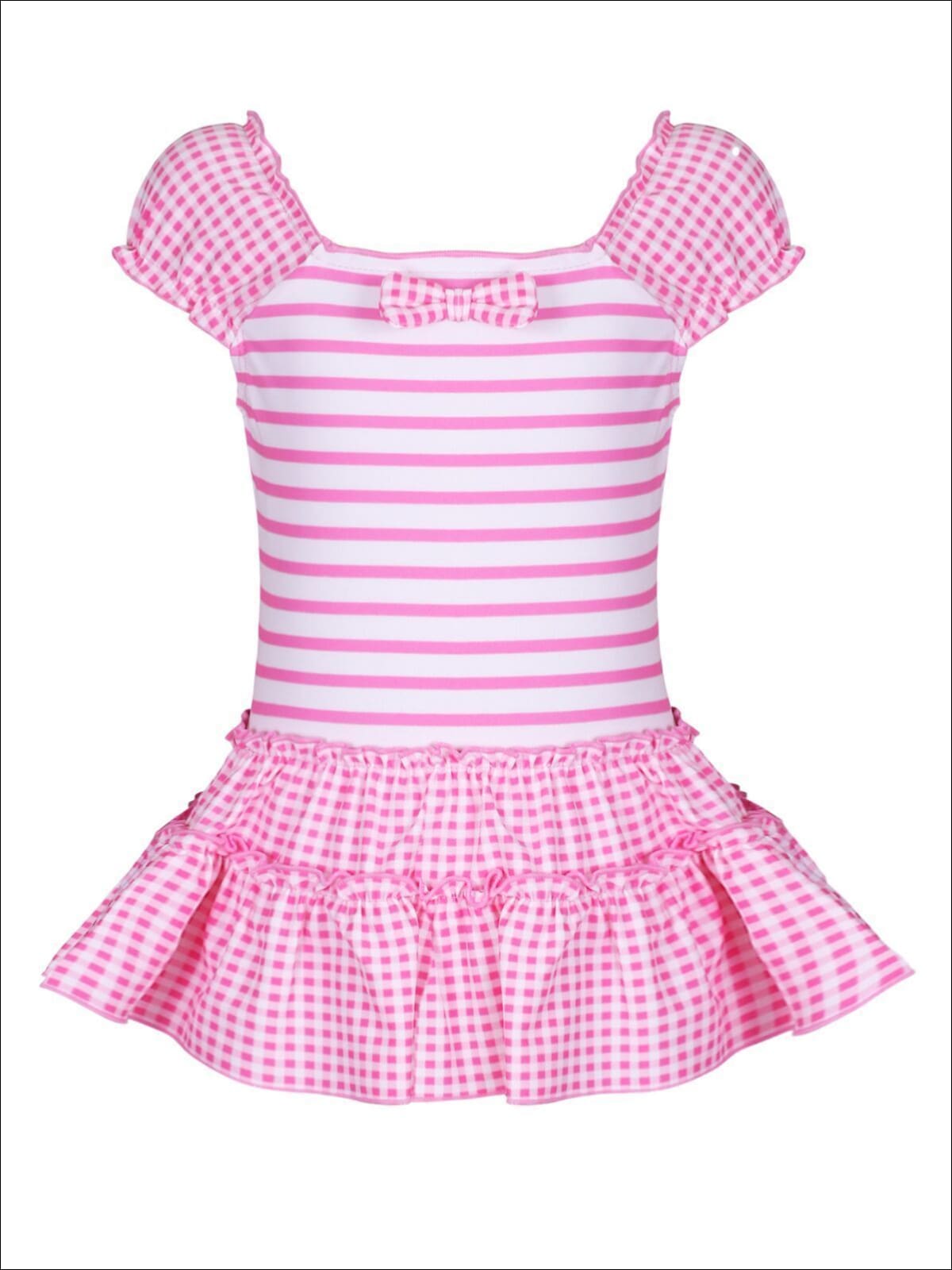 Girls Striped & Checkered Skirted One Piece with Bow Detail - Girls One Piece Swimsuit