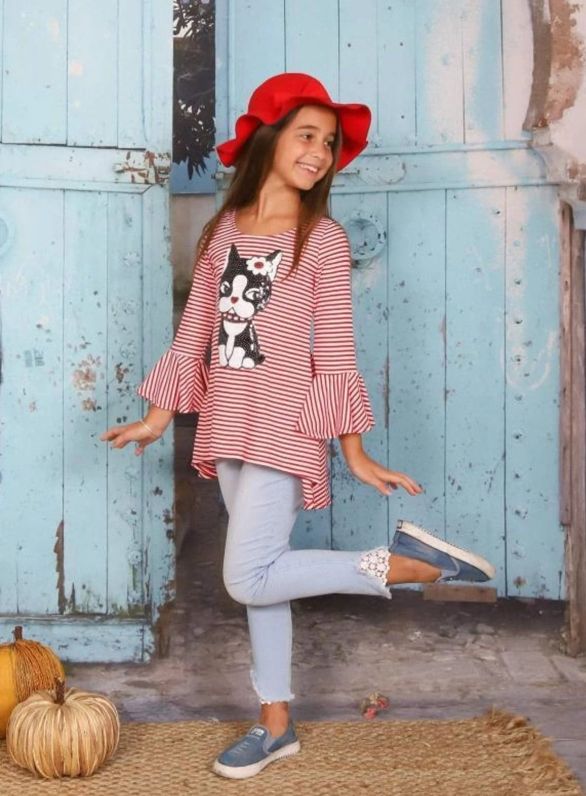 Girls Striped Flared Long Sleeve Animal Applique Top - Girls Fall Top