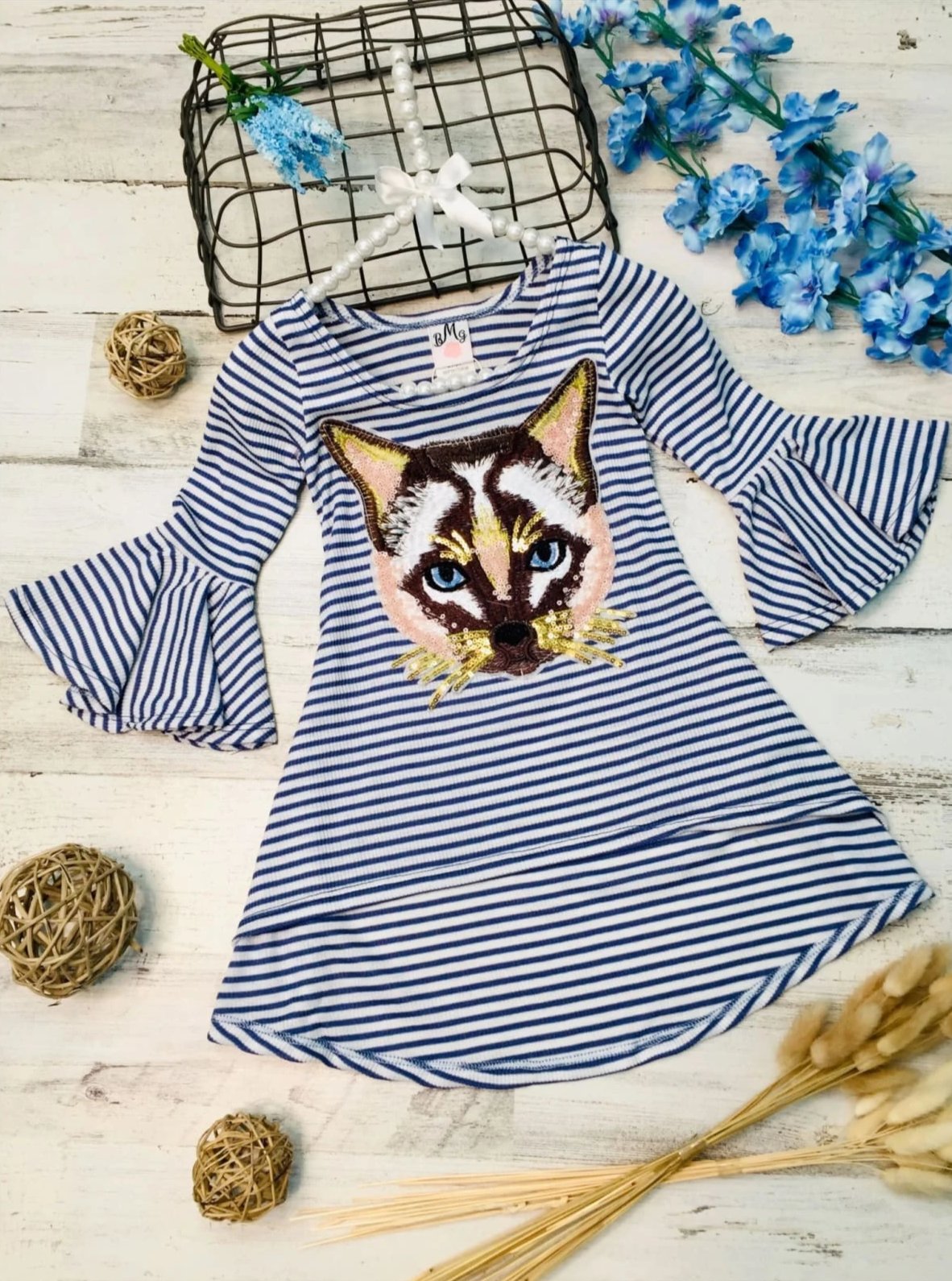 Toddler Spring Tops | Little Girls Cat Face Striped Hi-Lo Tunic