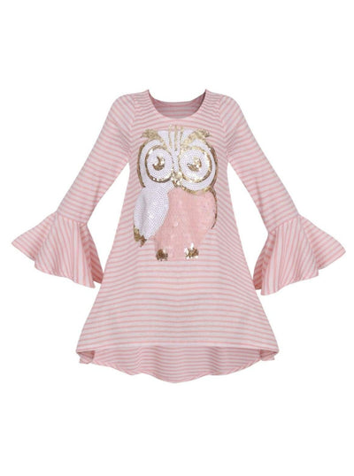 Girls Striped Flared Long Sleeve Animal Applique Top - Pink / 2T/3T - Girls Fall Top