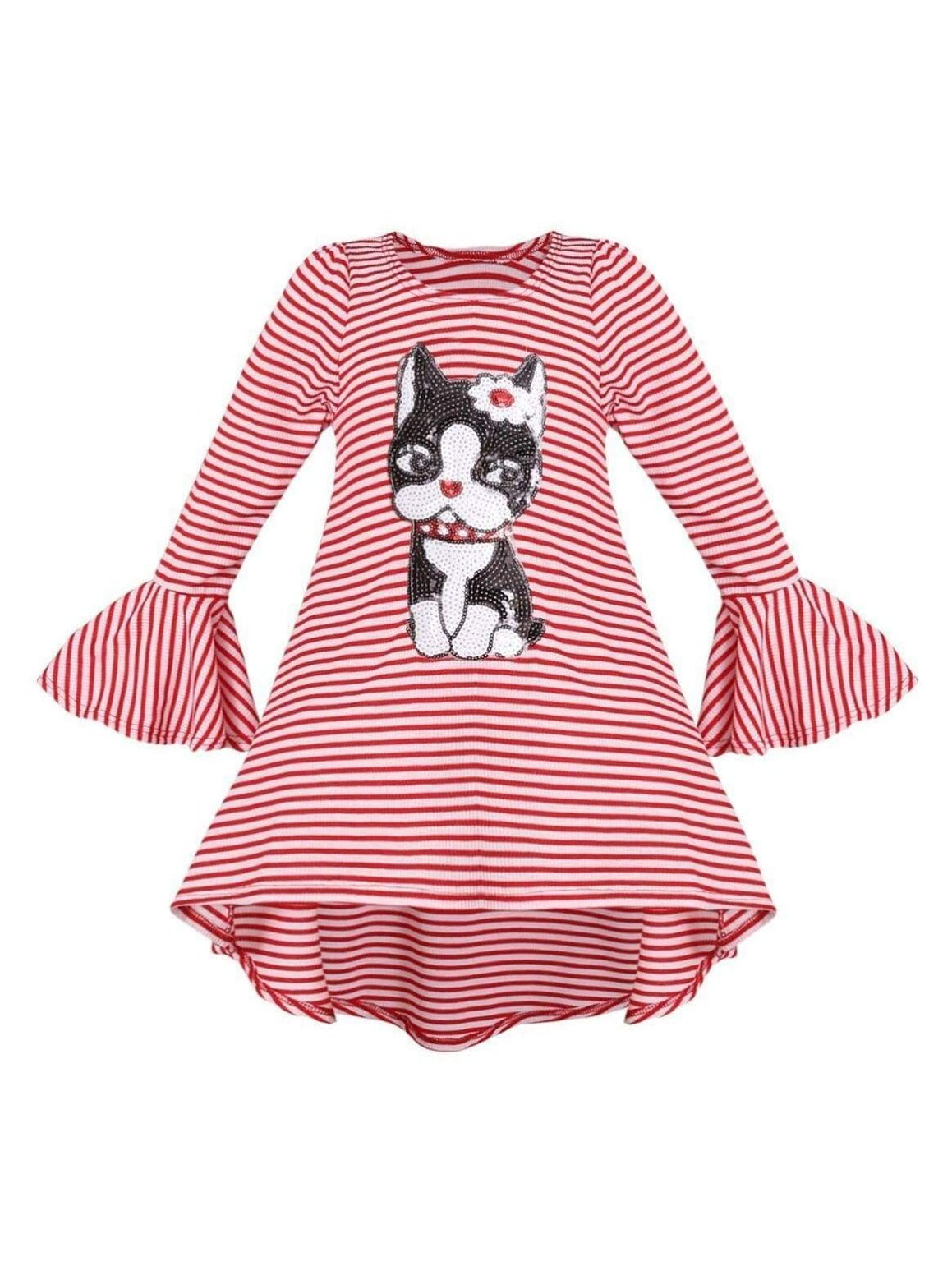 Girls Striped Flared Long Sleeve Animal Applique Top - Red / 2T/3T - Girls Fall Top