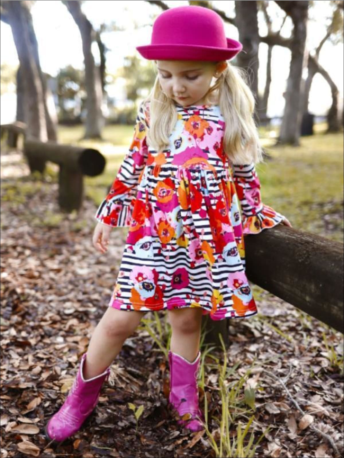 Girls Striped Floral A-Line Long Flared Sleeve Dress - Girls Fall Casual Dress