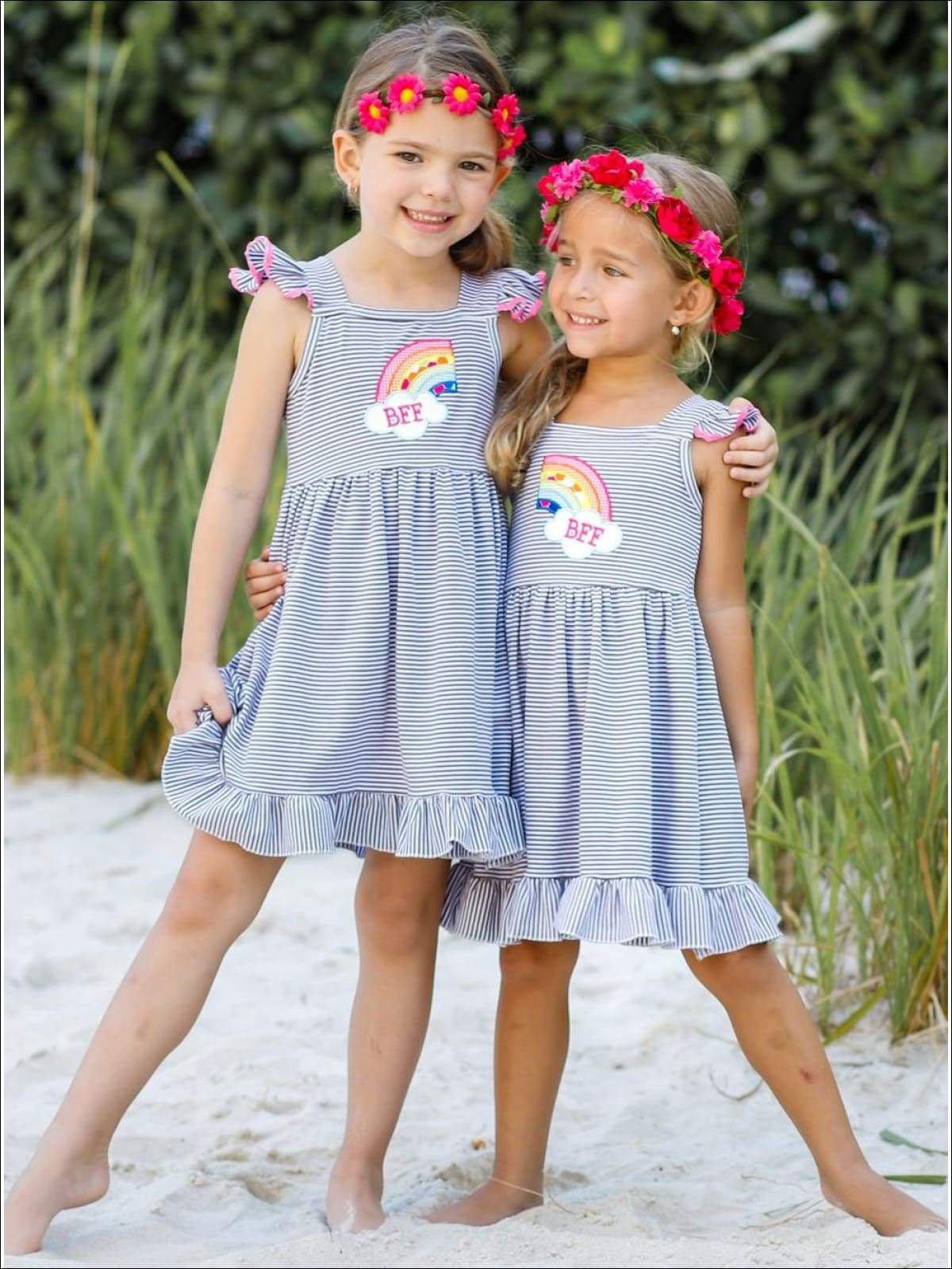 Girls Spring Dress | Matching Flutter Sleeve BFF Rainbow Ruffle Dress