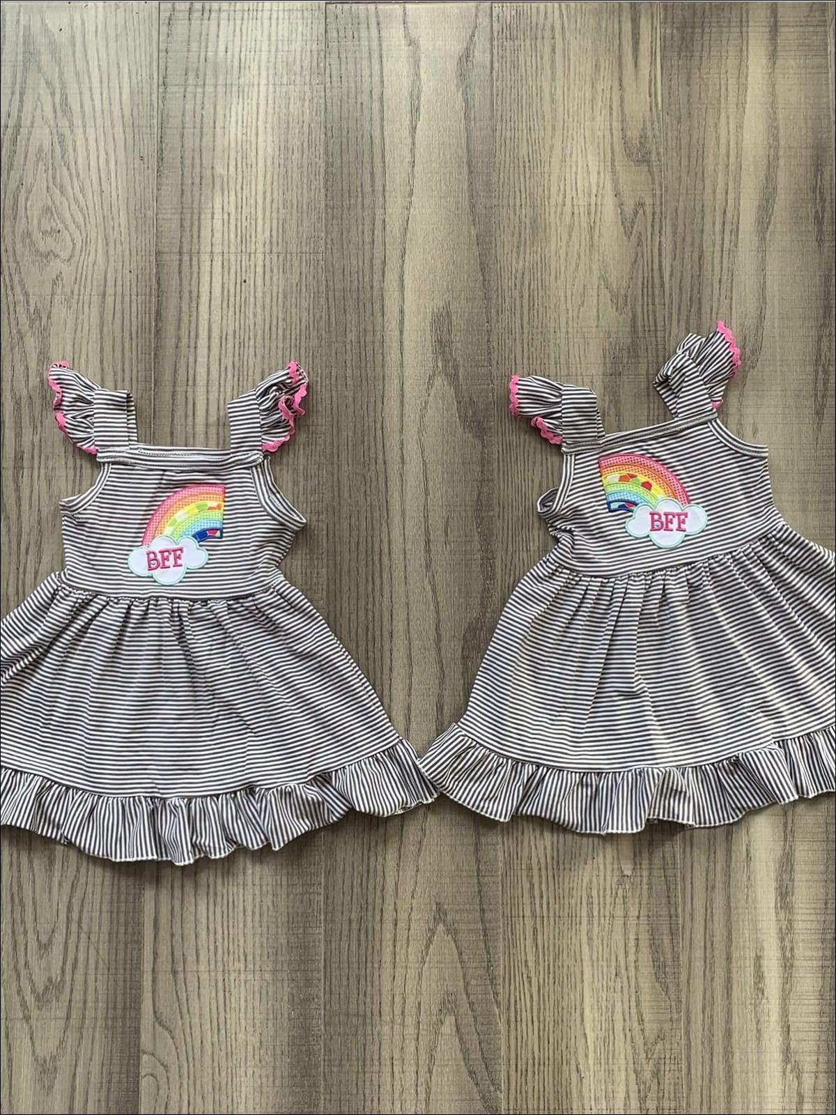 Girls Spring Dress | Matching Flutter Sleeve BFF Rainbow Ruffle Dress