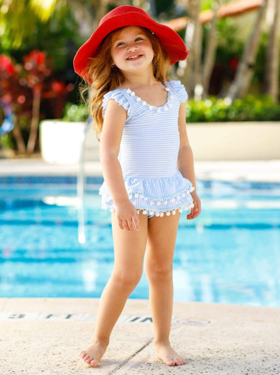 Kids Swimsuits | Little Girls Striped Pom Pom Skirt One Piece Swimsuit ...