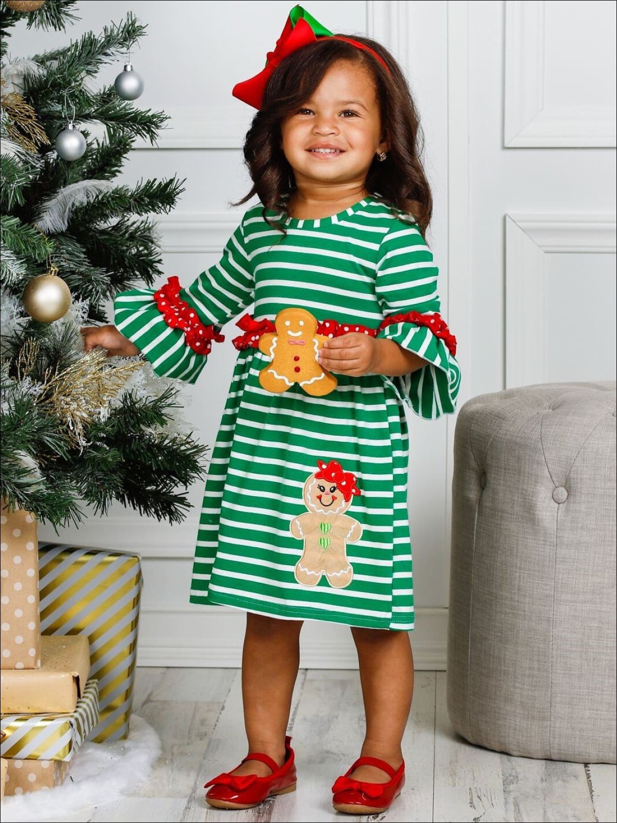 Girls Striped Gingerbread Polka Dot Ruffled Dress - Girls Christmas Dress