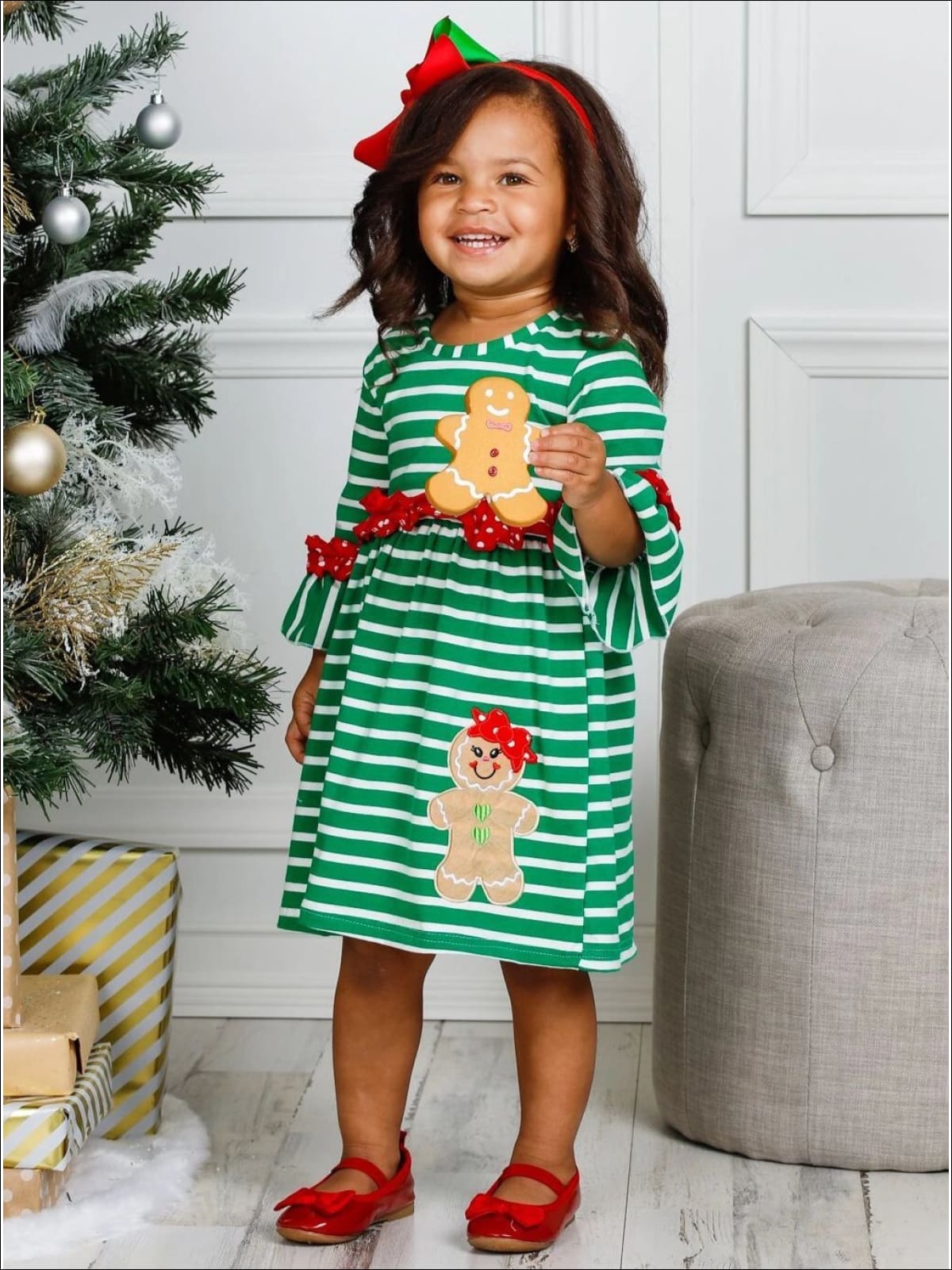 Girls Striped Gingerbread Polka Dot Ruffled Dress - Girls Christmas Dress