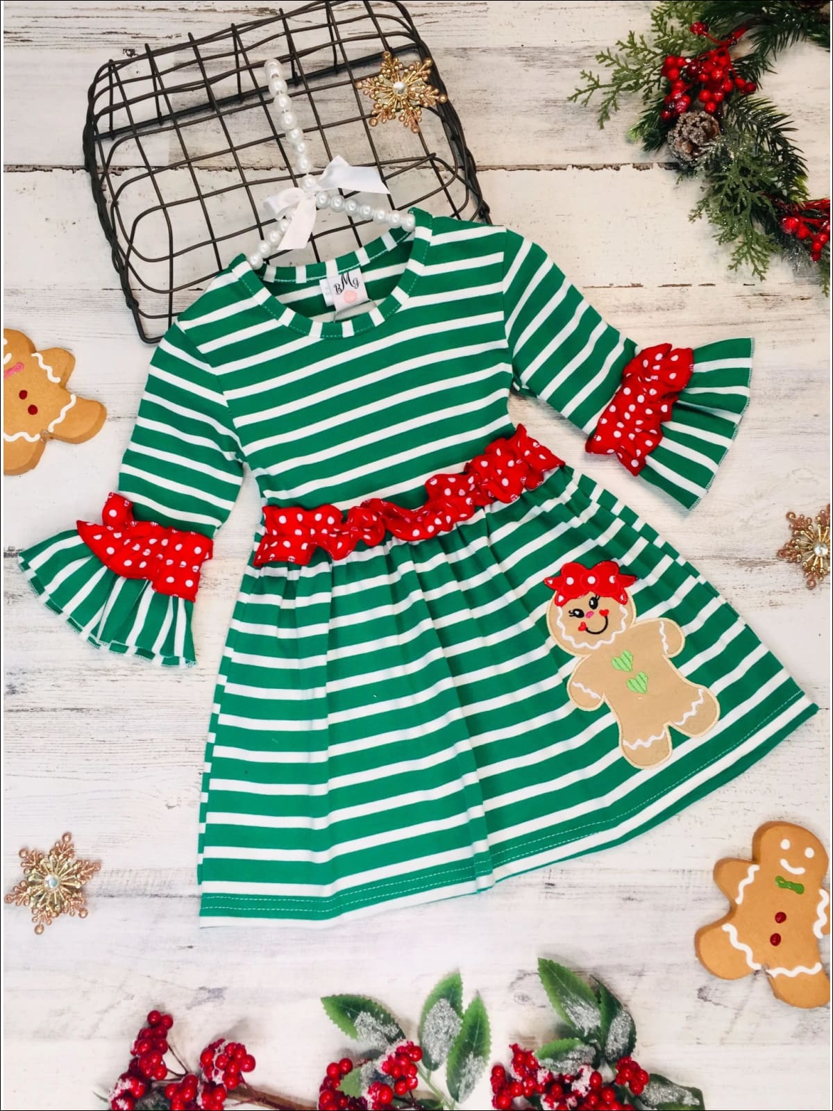 Girls Striped Gingerbread Polka Dot Ruffled Dress - Green / 2T - Girls Christmas Dress