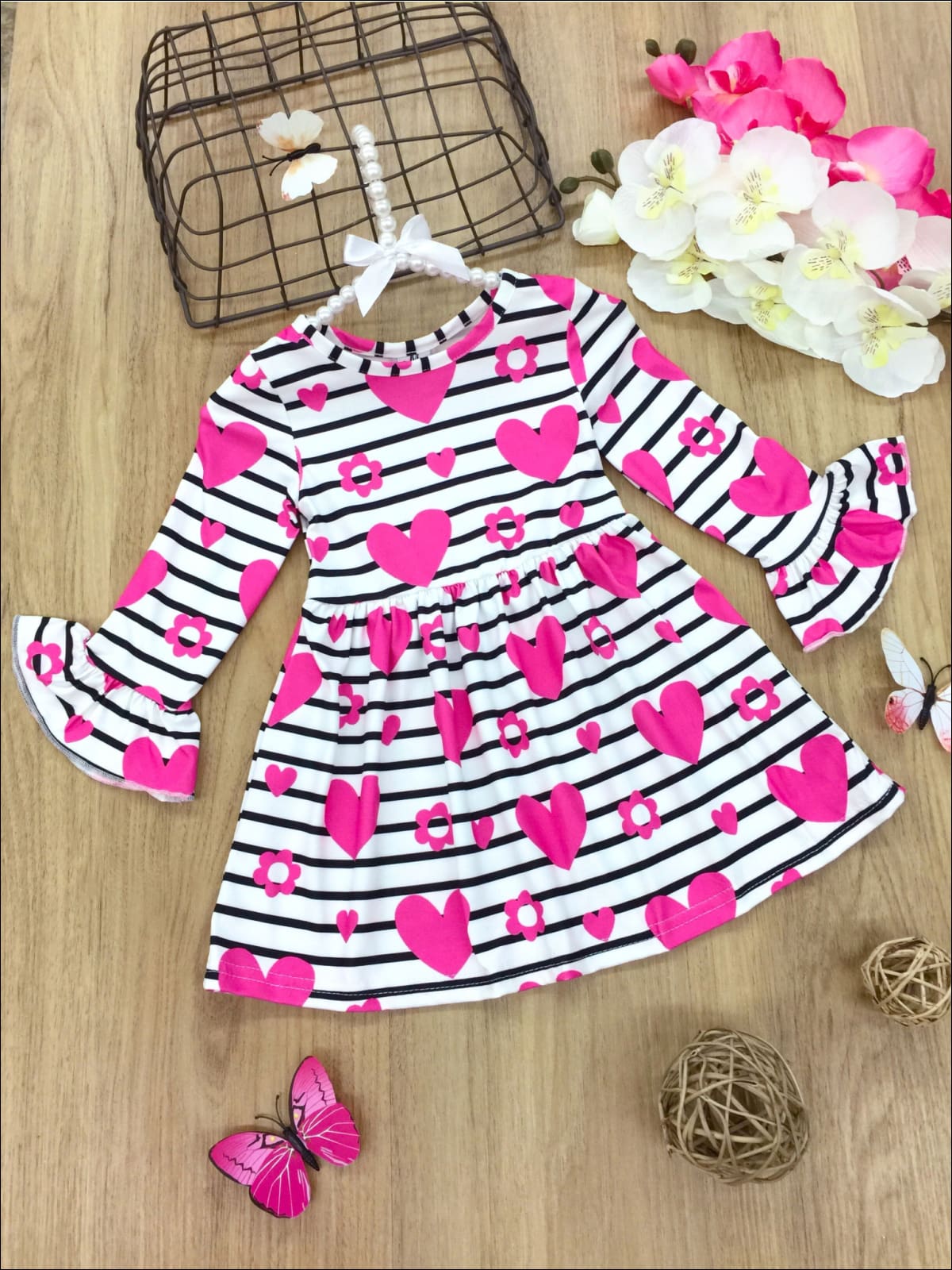 Girls Striped Heart Floral Print Ruffled Dress - 2T/10Y for toddlers and girls