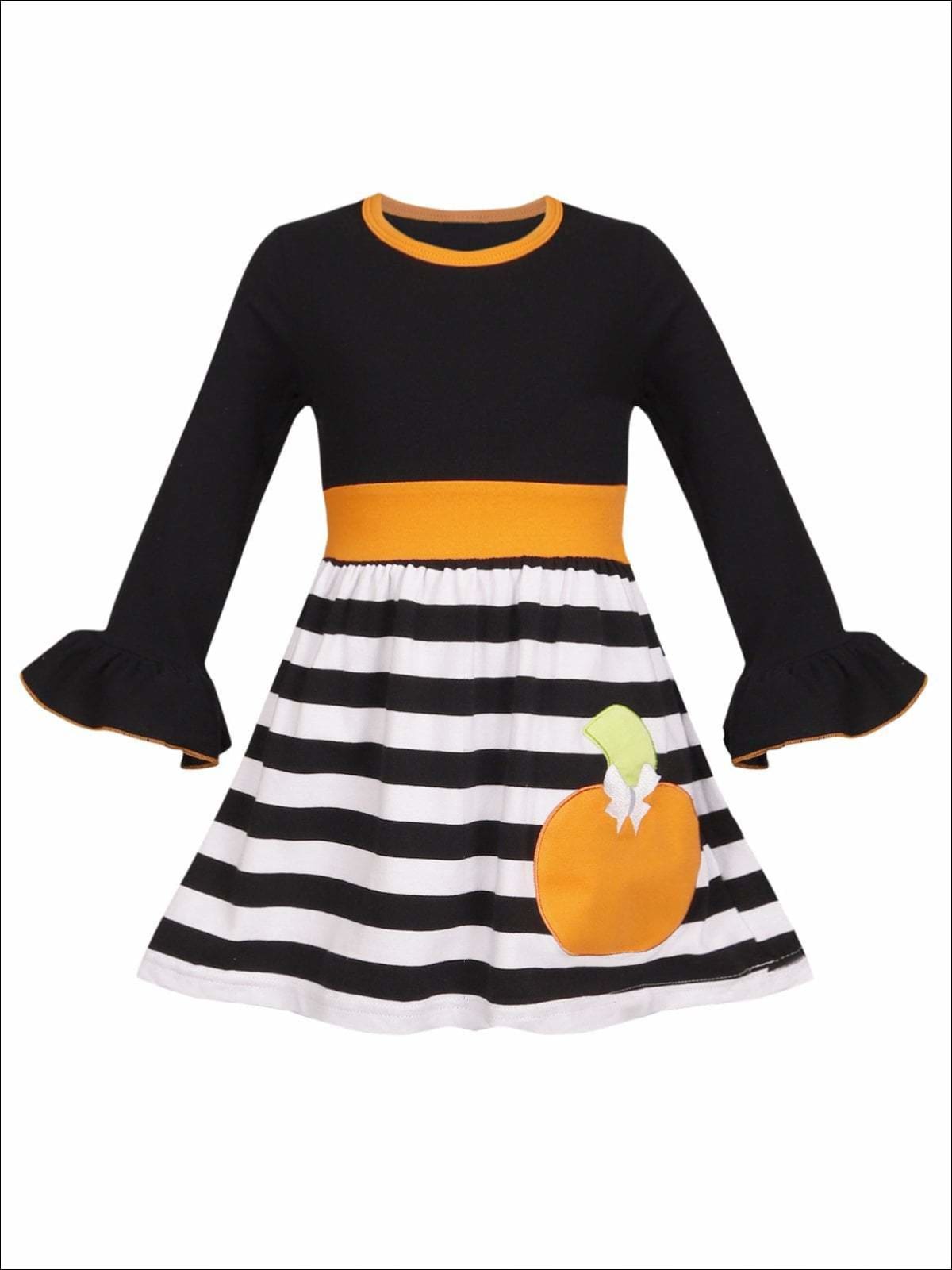 Girls Striped Long Flared Sleeve Dress with Pumpkin Applique - Girls Fall Casual Dress