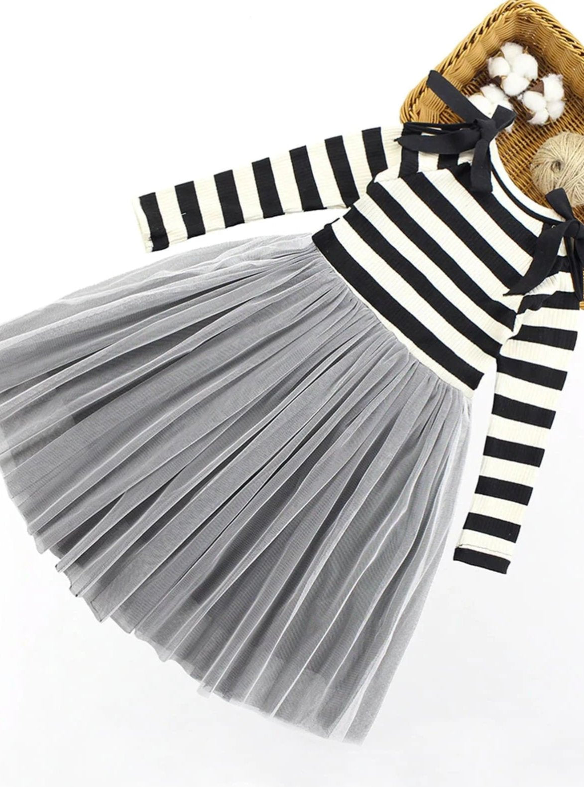 Girls Striped Long Sleeve Tulle Dress With Black Ribbon & Faux Pearl Details - 5Y / Black & Grey - Girls Fall Dressy Dress