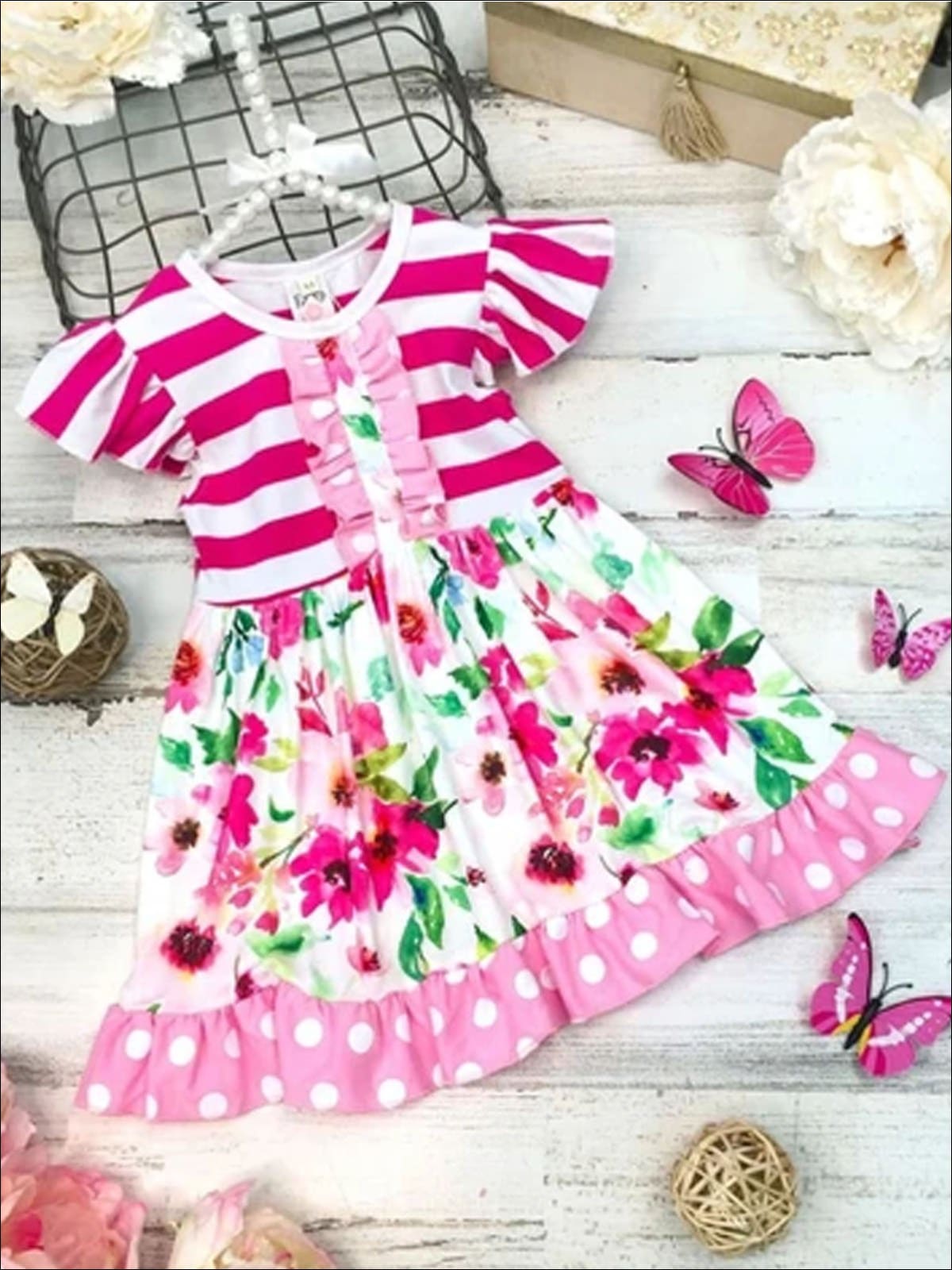 Girls Striped & Polka Dot Flutter Sleeve Floral Ruffled Dress - Girls Spring Casual Dress