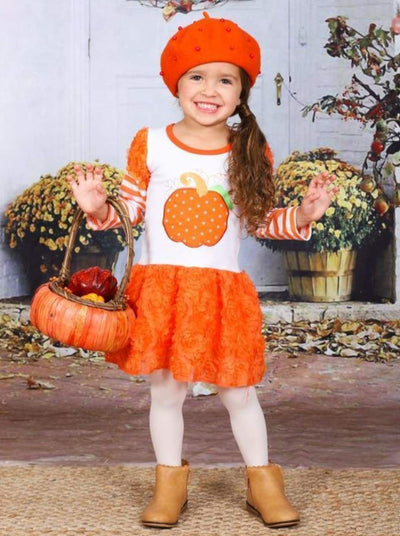 Girls Striped Puff Long Sleeve Orange Tutu Skirt Dress with Pumpkin Applique - Girls Fall Casual Dress
