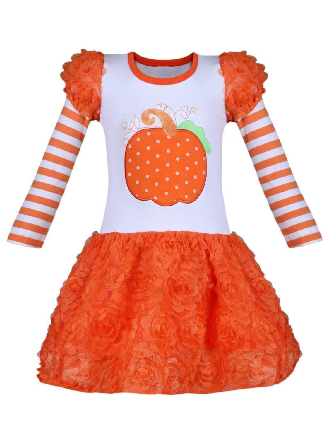 Girls Striped Puff Long Sleeve Orange Tutu Skirt Dress with Pumpkin Applique - Orange / XS-2T - Girls Fall Casual Dress