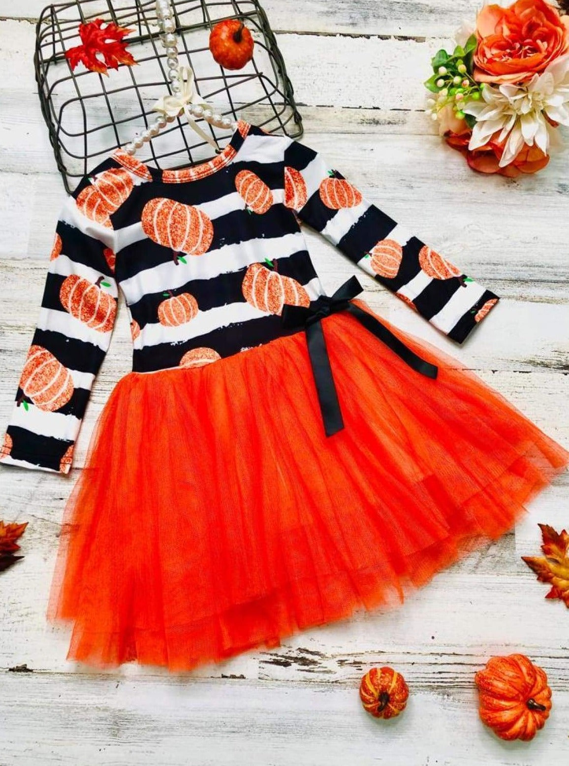 Little girls Fall long-sleeve tutu dress with pumpkin striped print bodice and gathered tulle skirt embellished with a ribbon bow - Mia Belle Girls