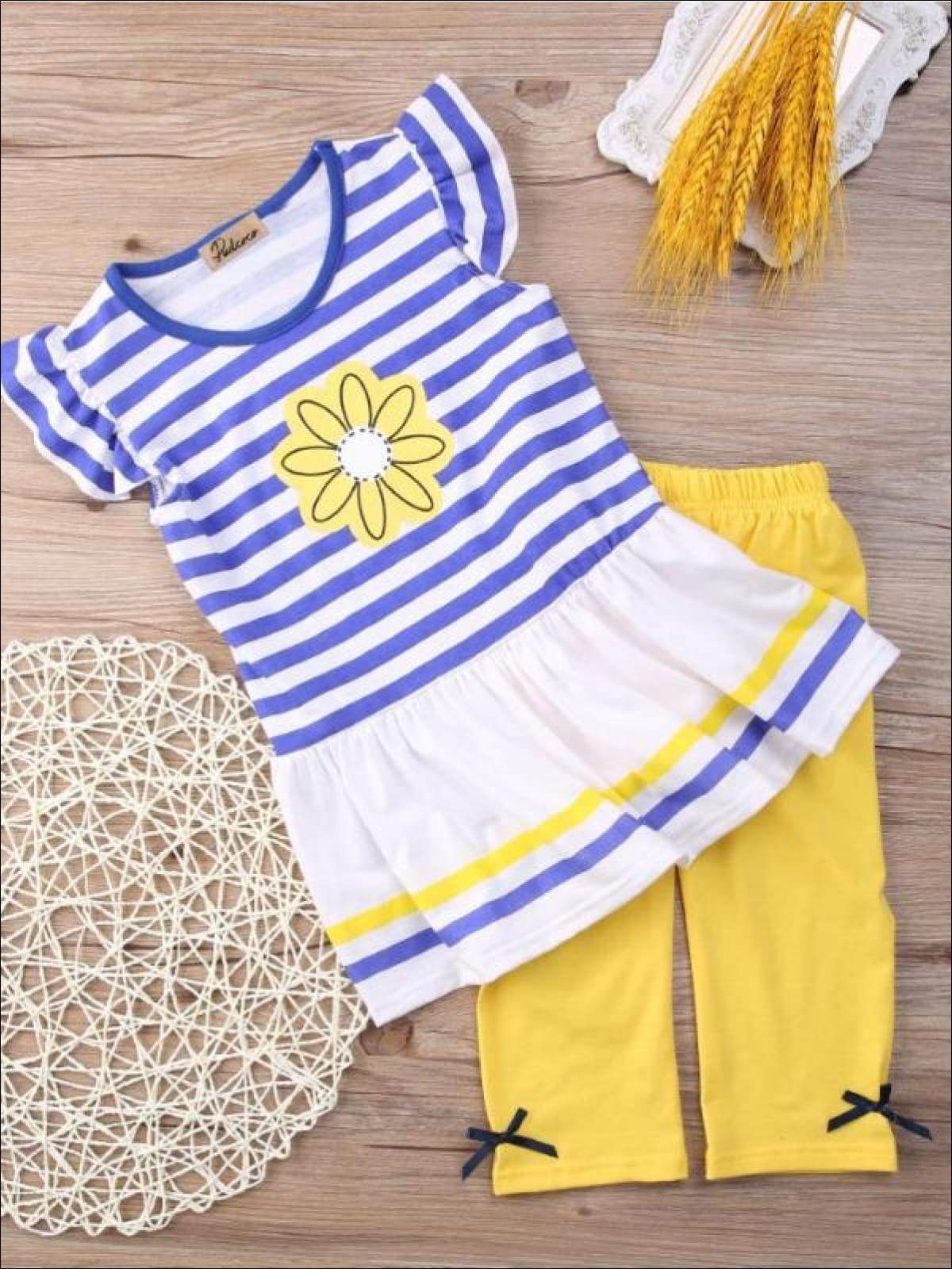 Spring Outfits | Girls Striped Daisy Top & Yellow Capris Legging Set
