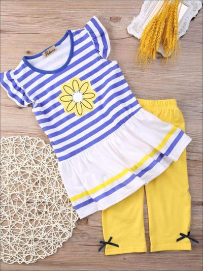 Spring Outfits | Girls Striped Daisy Top & Yellow Capris Legging Set