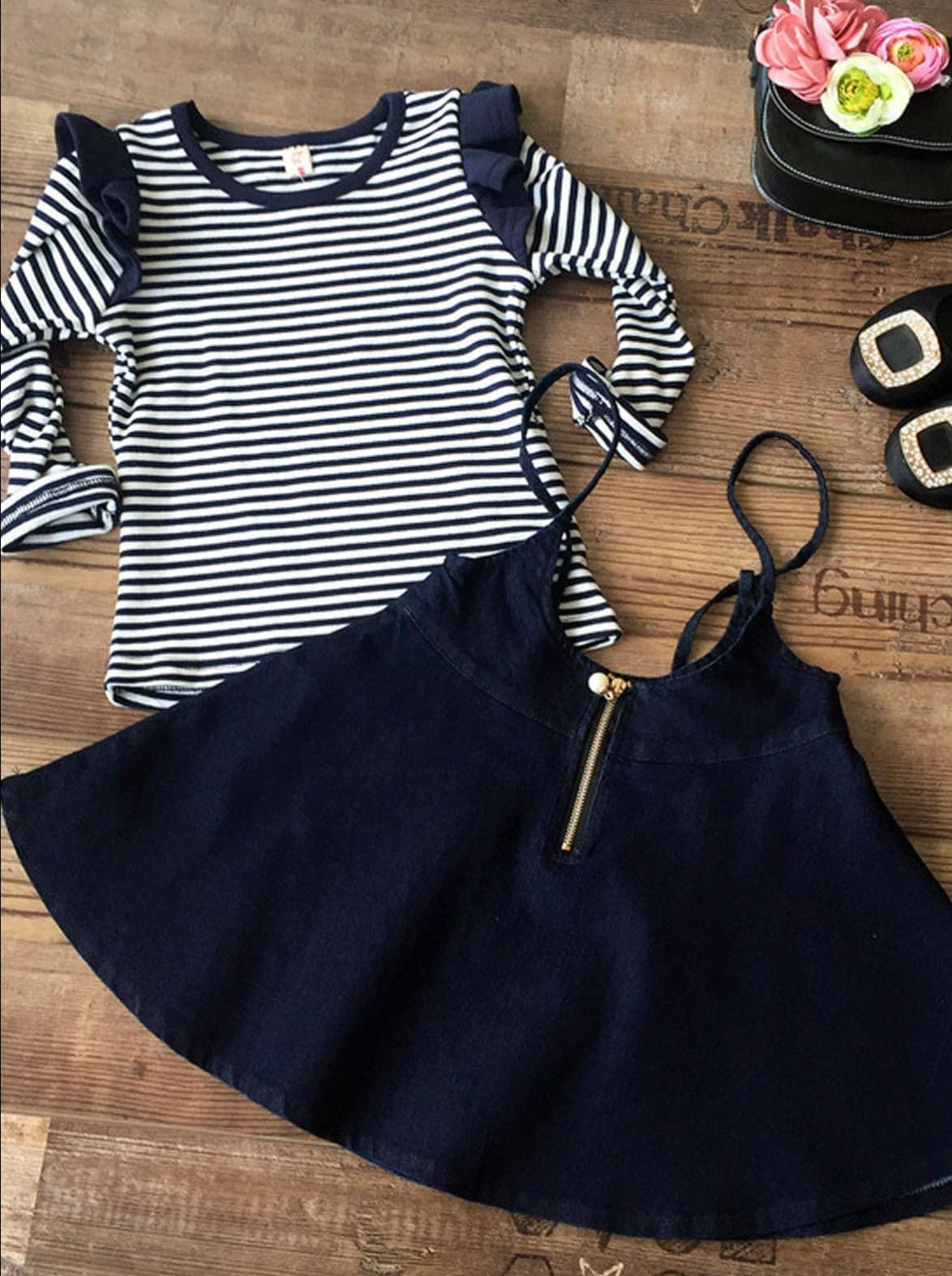 Little girls long-sleeve striped top with denim ruffle shoulders and matching overall chambray skirt with back zipper - Back To School - Mia Belle Girls