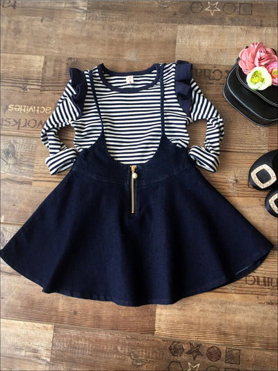 Little girls long-sleeve striped top with denim ruffle shoulders and matching overall chambray skirt with back zipper - Back To School - Mia Belle Girls