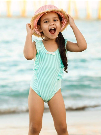 Little Girls Swimwear | Striped Ruffled Apron Strap One Piece Swimsuit