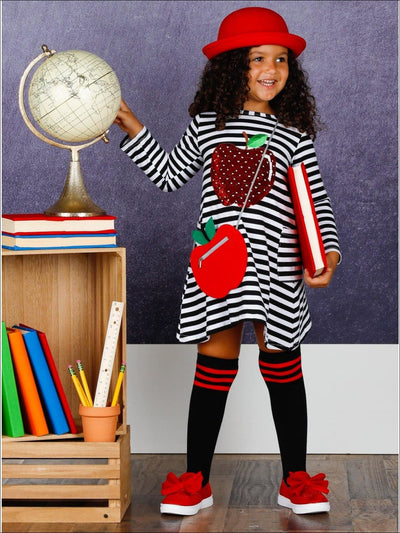 Girls Striped Sequin Apple Applique Dress with Matching Socks & Apple Cross Body Purse - Girls 1st Day of School
