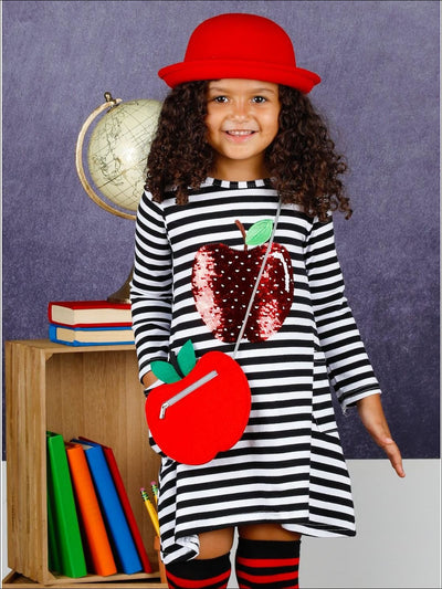 Girls Striped Sequin Apple Applique Dress with Matching Socks & Apple Cross Body Purse - 4T / Black - Girls 1st Day of School