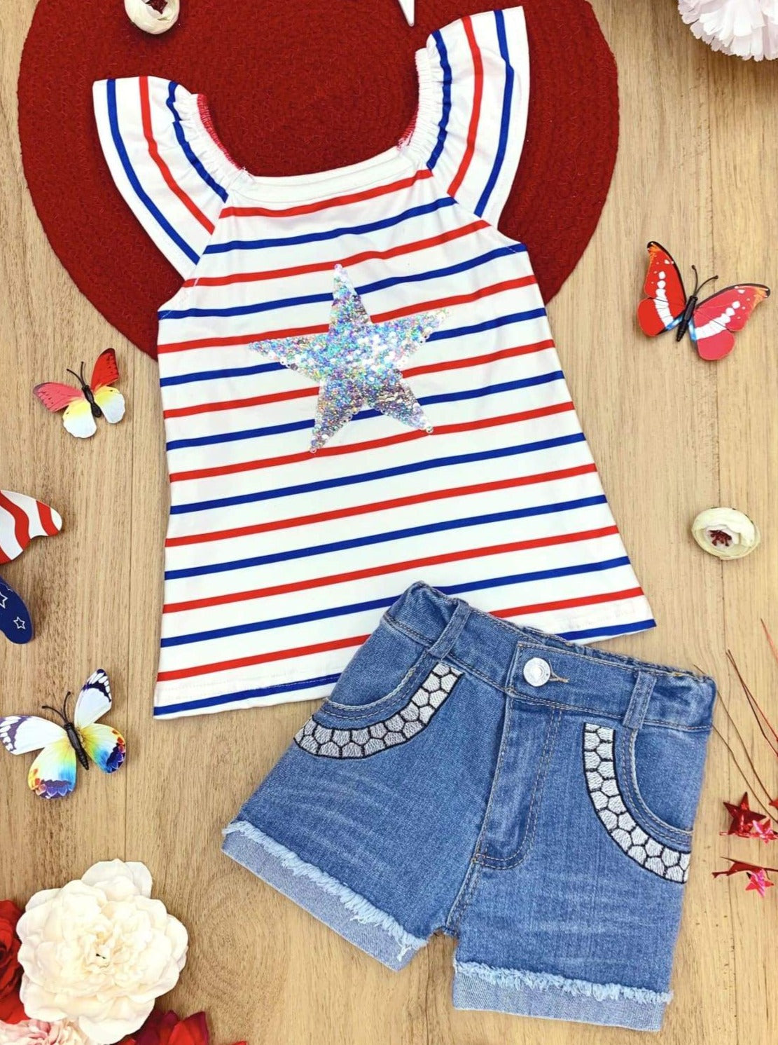 Girls Striped Sequin Star Top and Embroidered Denim Shorts Set - White / 2T - Girls 4th of July Set
