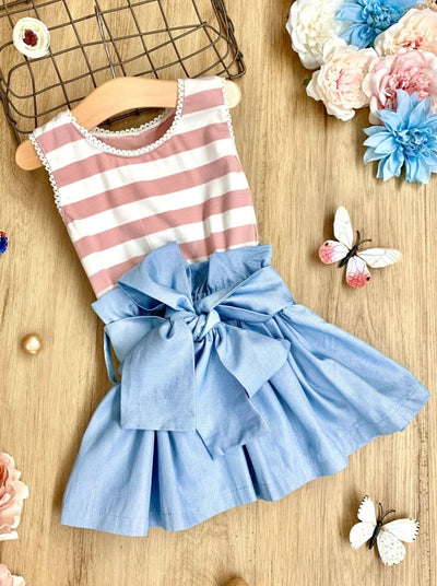 Girls Striped Shimmer Chambray Sash-Waist Paperbag Dress - Dusty Pink / 2T/3T - Girls Spring Casual Dress