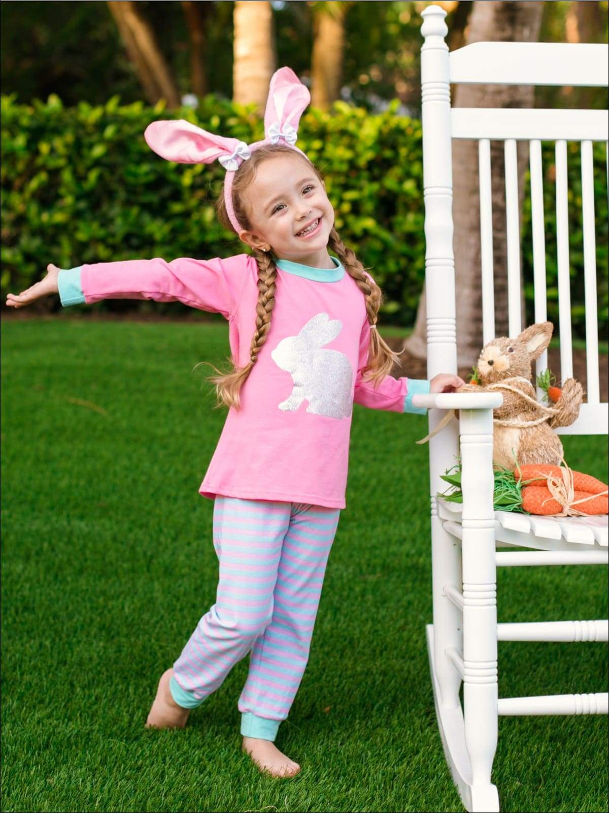 Girls Striped Silver Easter Bunny Pajama Set - Pink / 2T - Girls Pajama