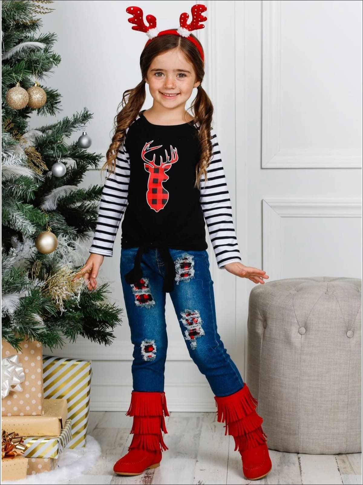 Girls Striped Sleeve Plaid Reindeer Knot Top & Ripped Jeans Set - Girls Christmas Set