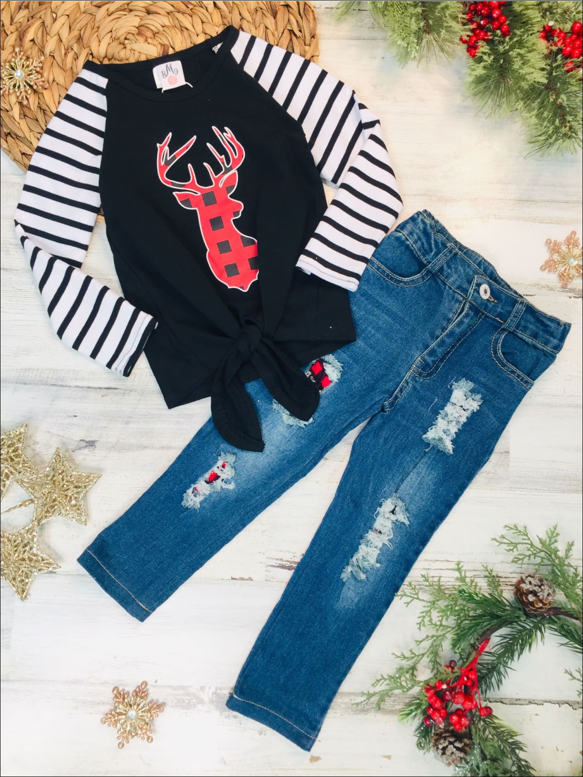 Girls Striped Sleeve Plaid Reindeer Knot Top & Ripped Jeans Set - Black / 3T - Girls Christmas Set