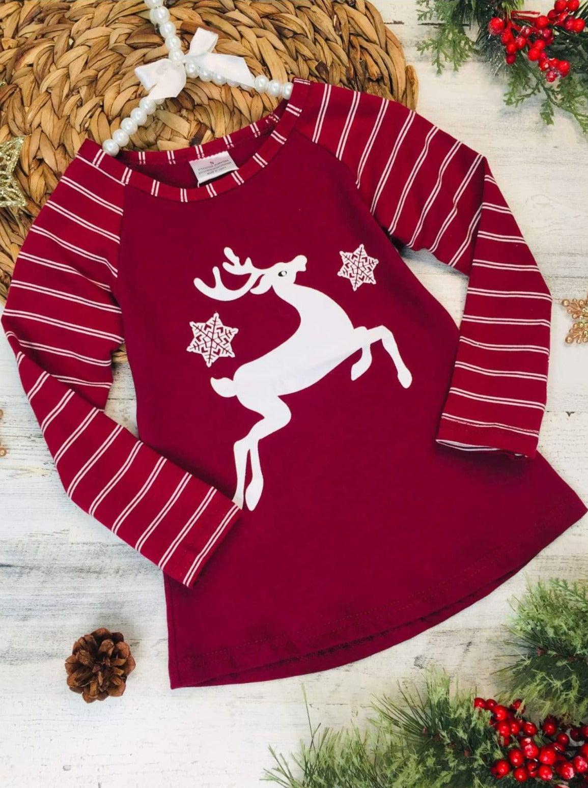 Cute Winter Tops | Girls Burgundy Striped Raglan Sleeve Reindeer Top