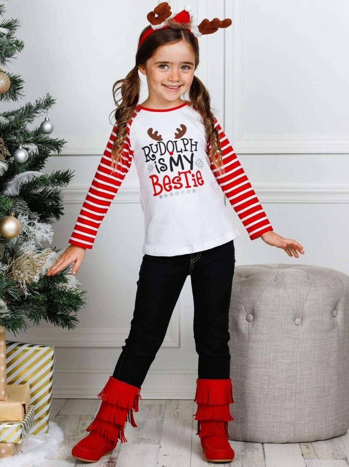 Cute Winter Sets | Girls Rudolph Is My Bestie Top And Cuffed Jeans Set