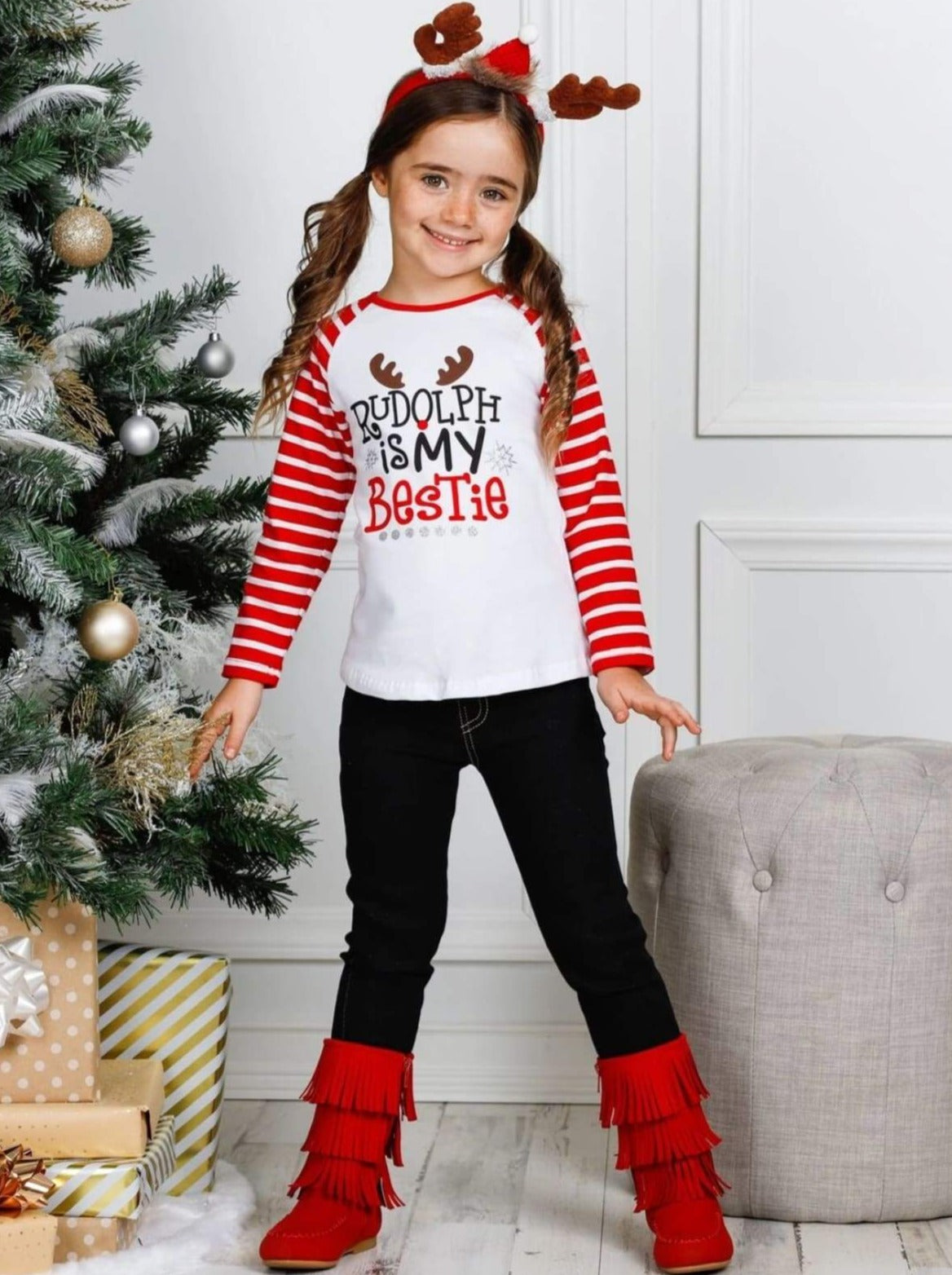 Cute Winter Sets | Girls Rudolph Is My Bestie Top And Cuffed Jeans Set