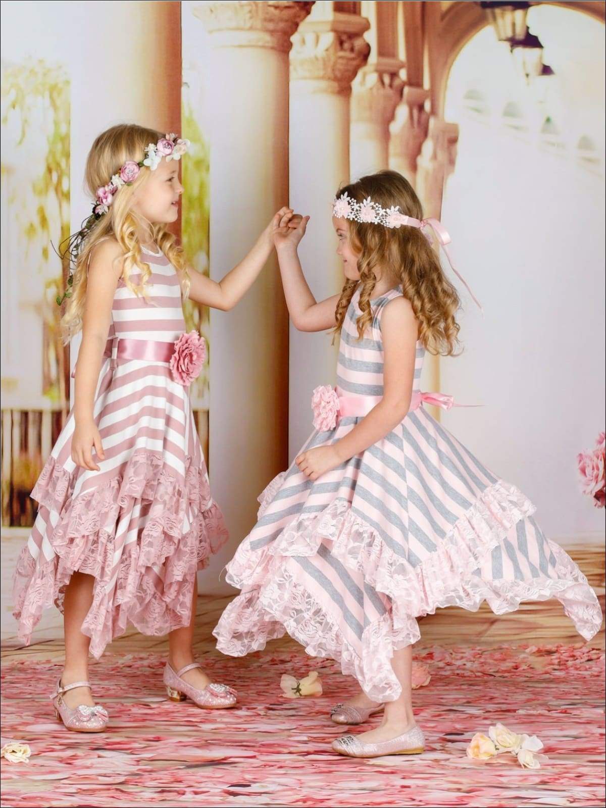 Toddler Spring Dresses | Girls Striped Lace Hem Handkerchief Dress