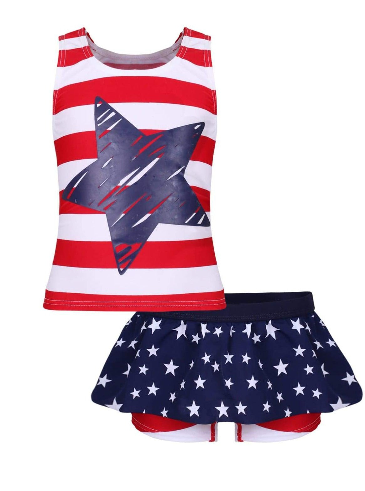 Girls Striped Star Print Skirted Shorts Two Piece Swimsuit - Girls Two Piece Swimsuit