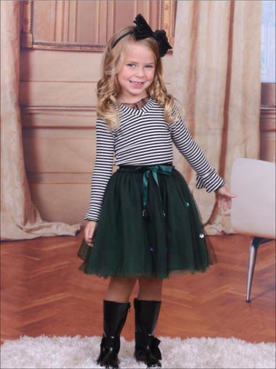 Girls Striped Top & Emerald Tutu Skirt Set - Girls Fall Dressy Set
