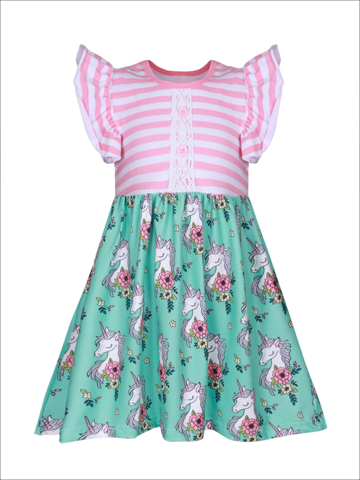 Girls Striped & Unicorn Floral Print A-Line Flutter Sleeve Front Button Crochet Dress - Girls Spring Casual Dress