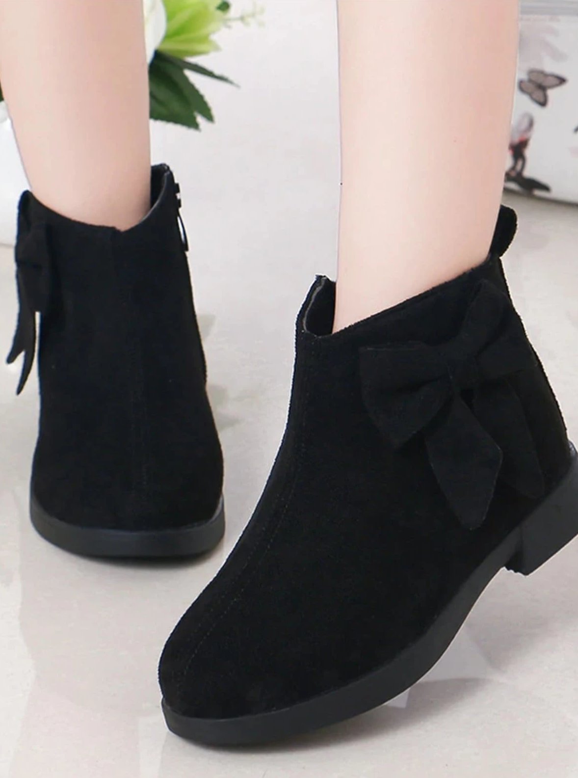 Girls Suede Bow Side Ankle Booties - Black / 1 - Girls Boots
