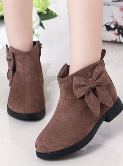 Girls Suede Bow Side Ankle Booties - Brown / 1 - Girls Boots