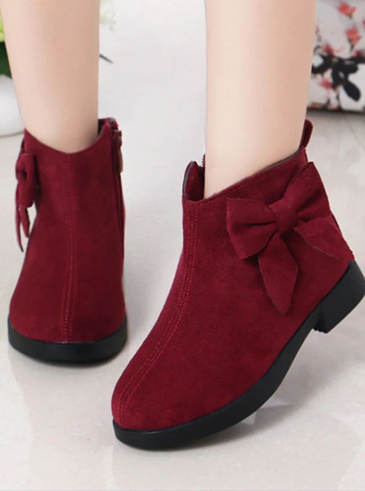 Girls Suede Bow Side Ankle Booties - Red / 1 - Girls Boots