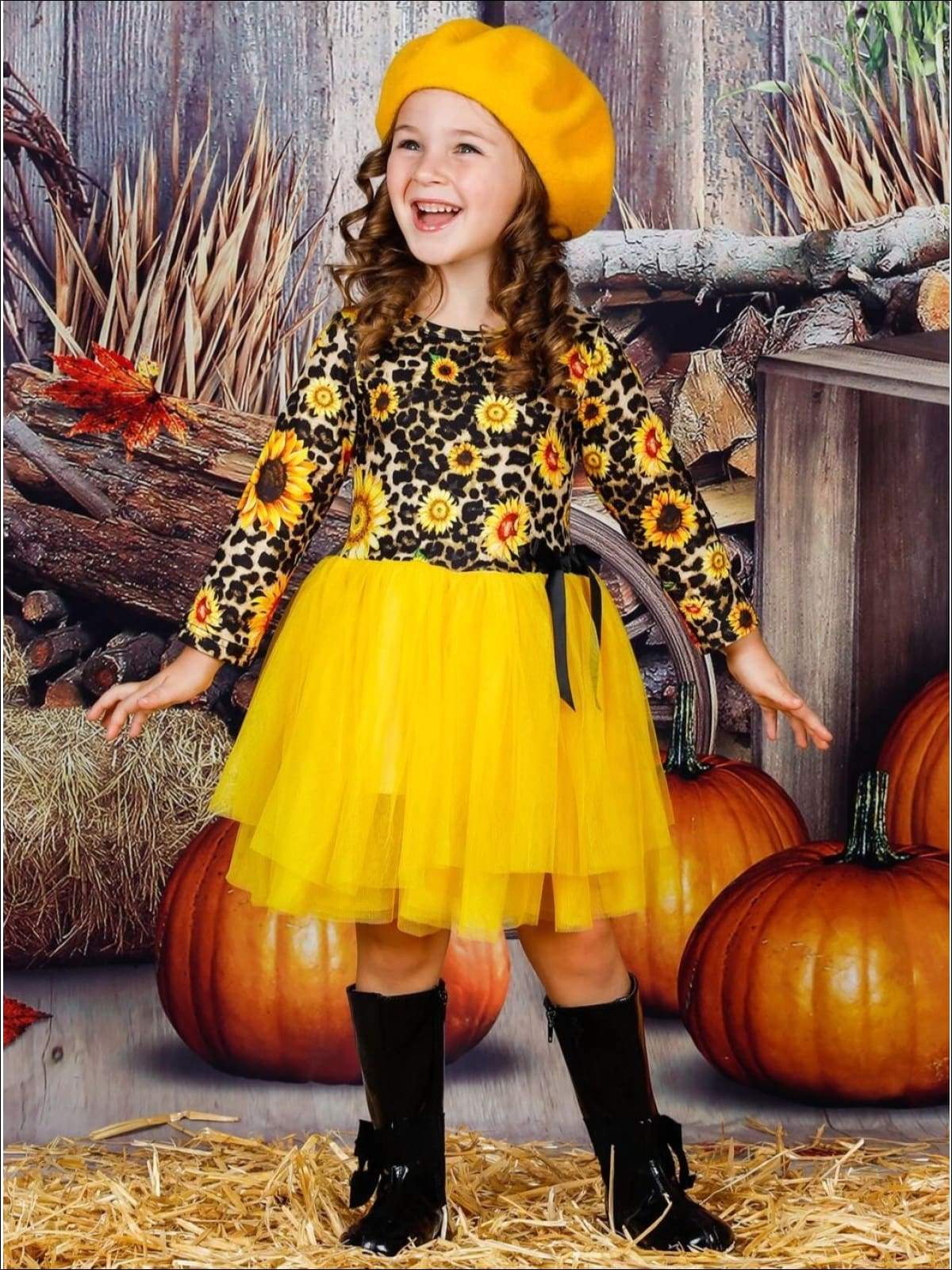 Girls Sunflower Animal Print Long Sleeve Tutu Skirt Dress with Bow - Girls Fall Casual Dress