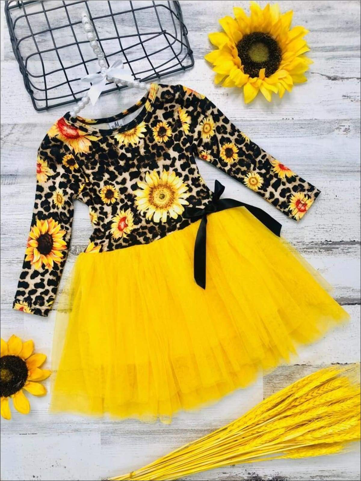 Girls Sunflower Animal Print Long Sleeve Tutu Skirt Dress with Bow - Yellow / 2T - Girls Fall Casual Dress