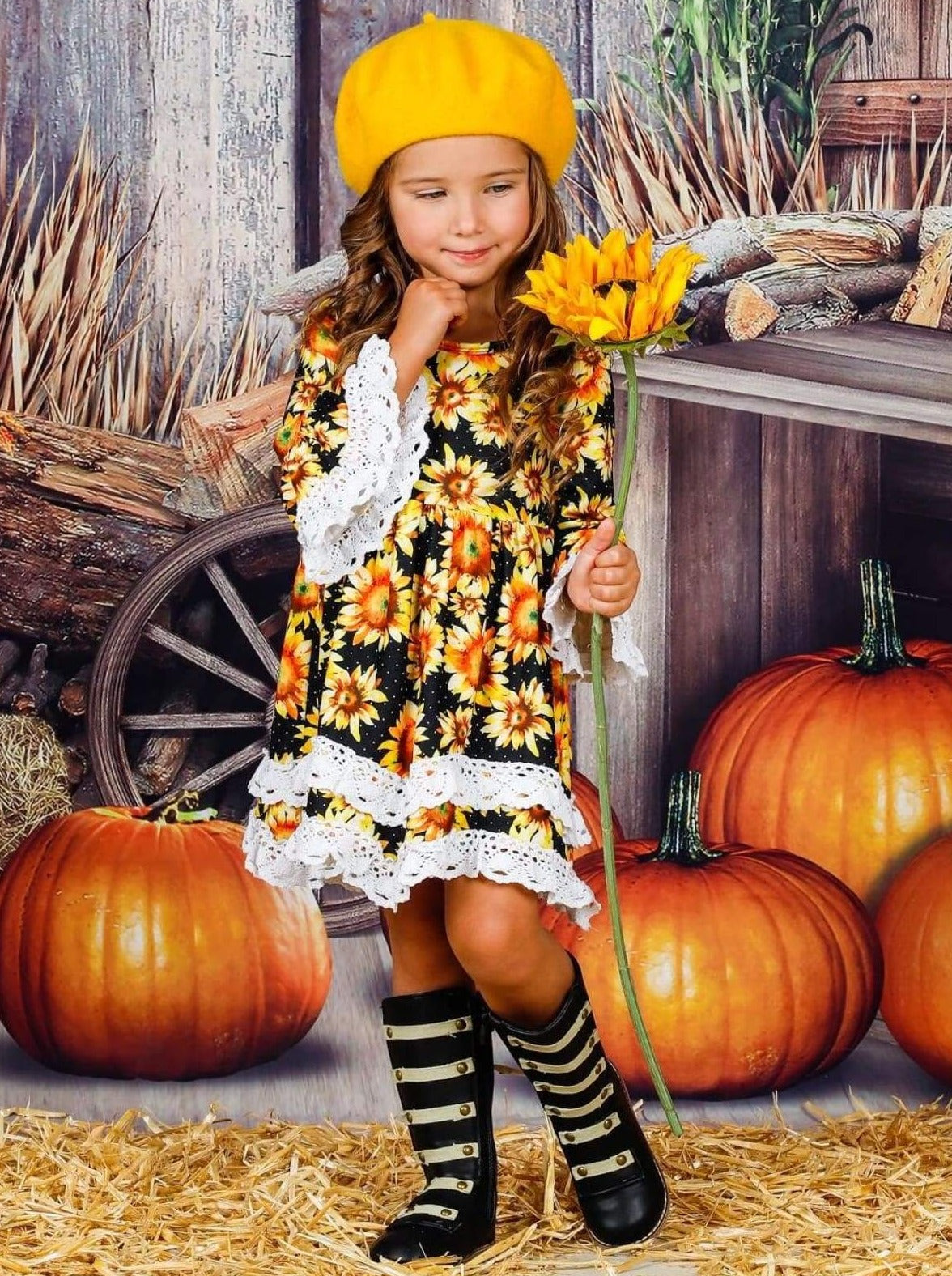 Girls Fall Dresses | Sunflower Crochet Ruffle Dress - Mia Belle Girls