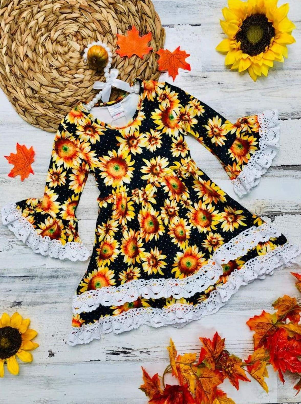 Little girls Fall long-sleeve sunflower print A-line tiered ruffle dress with flared crochet cuffs and hem - Mia Belle Girls