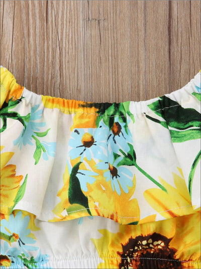 Girls Sunflower Print Ruffled Off Shoulder Crop Top & Maxi Skirt - Girls Spring Casual Set