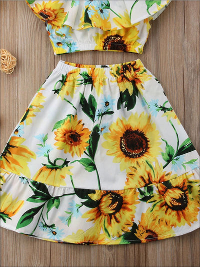 Girls Sunflower Print Ruffled Off Shoulder Crop Top & Maxi Skirt – Mia ...