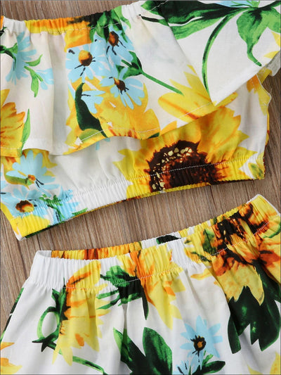 Girls Sunflower Print Ruffled Off Shoulder Crop Top & Maxi Skirt - Girls Spring Casual Set